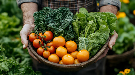 Fototapeta premium Fresh Produce Harvest: Tomatoes, Kale, and Lettuce from the Garden