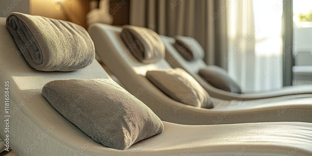 Poster intimate close up of loungers nestled in a serene spa room, evoking tranquility and relaxation, wher