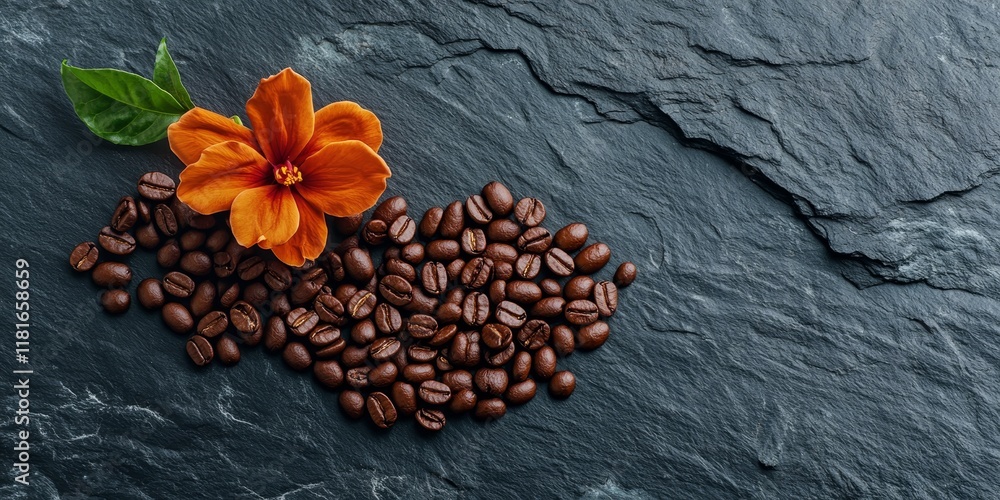 Poster Heart shaped coffee beans paired with a flower create a stunning visual on a black stone surface, showcasing the unique beauty of heart shape coffee beans in an elegant composition.