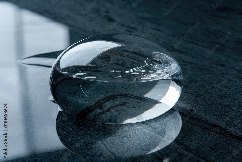 Aufkleber a glass sphere partially filled with water rests on a dark, reflective surface, creating intriguing 