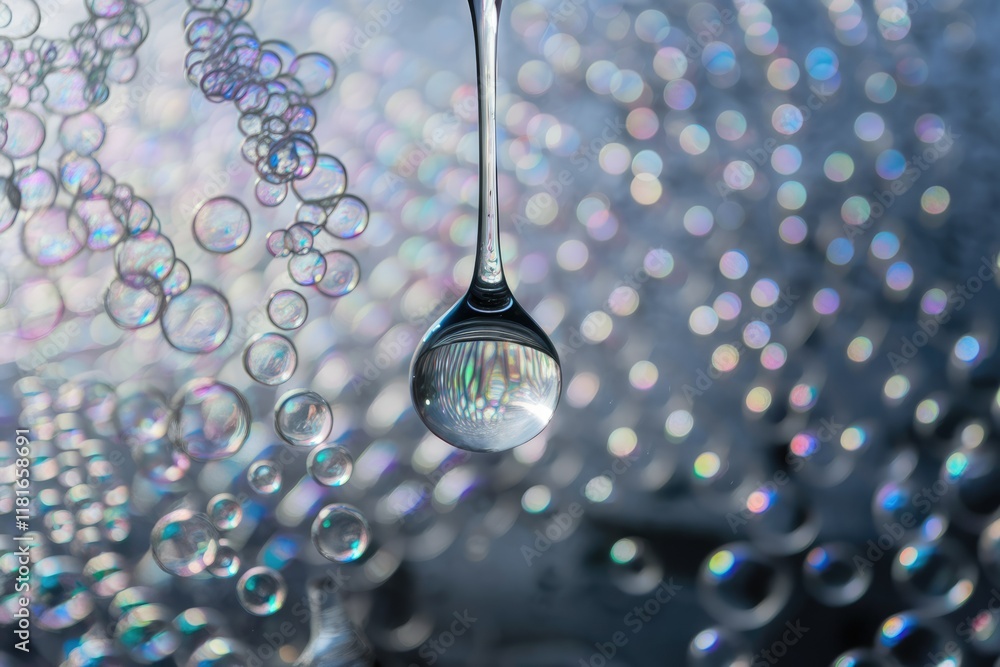 Poster A single water droplet hangs, reflecting iridescent soap bubbles, creating a mesmerizing and ethereal scene.