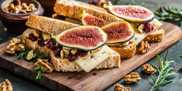 A selection of delicious sandwiches featuring cheese, fresh figs, and walnuts presented on a rustic wooden cutting board, highlighting the delightful combination of flavors in these sandwiches.