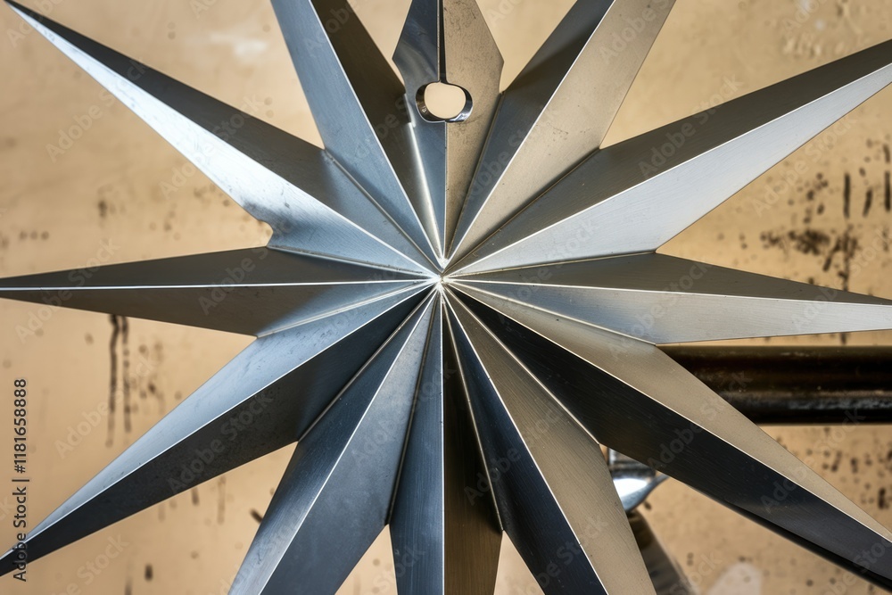 Poster A metallic, star-shaped object with sharp points and a reflective surface.