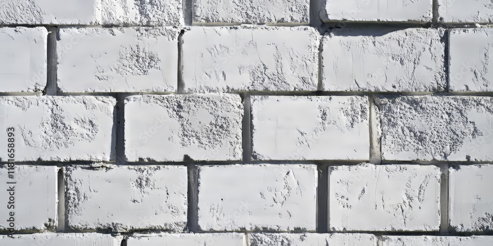 Poster textured surface of a white cinder block wall, characterized by its rough finish and sturdy construc