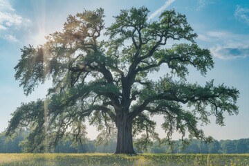 Obraz premium Majestic oak tree stands tall in a sunlit field, showcasing its immense size and age.