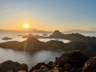 Iconic Padar Island view at sunset in Komodo Islands, Indonesia. Breathtaking landscapes with dramatic peaks.