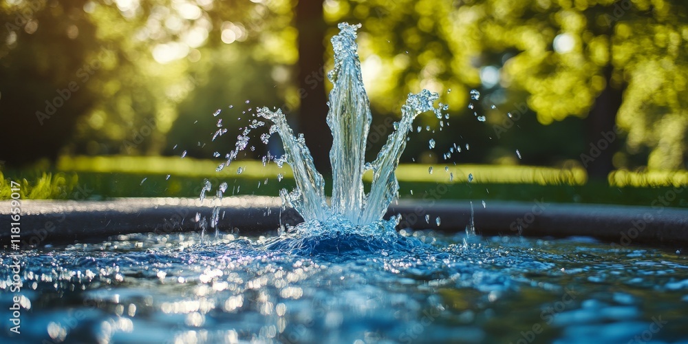 Poster A refreshing stream of water flows from a fountain in a park, perfectly complementing a beautiful summer day, creating a serene atmosphere with its soothing sound and vibrant surroundings.