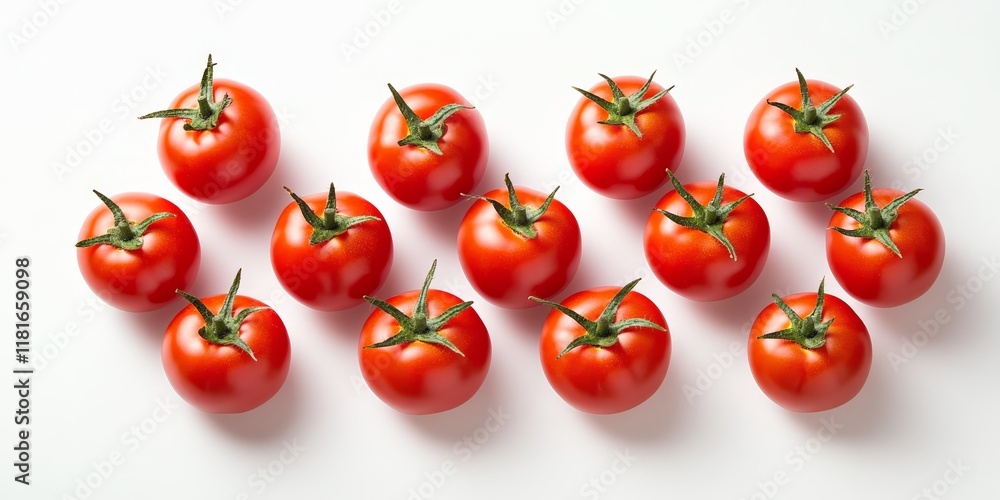 Poster Fresh red tomatoes displayed on a white background, creating a vibrant and appealing visual of red tomatoes that highlights their rich color and texture. Perfect for various creative projects