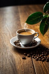 A hot black coffee and coffee beans cinnamon sticks on table vintage style top view