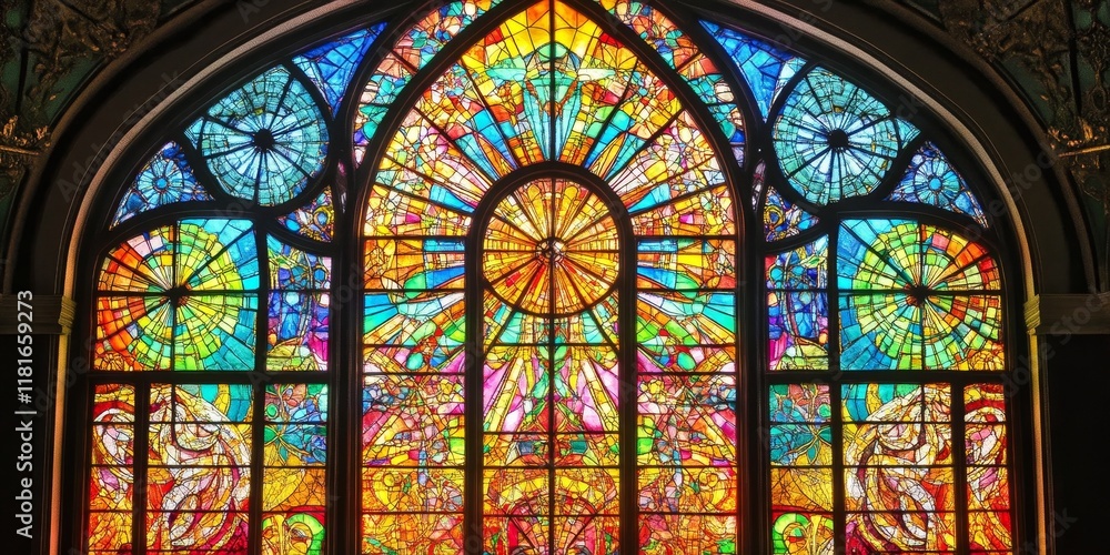 Poster Vibrant stained glass windows showcasing an array of beautiful geometric patterns and intricate designs create a stunning visual experience. These stained glass windows captivate with color and