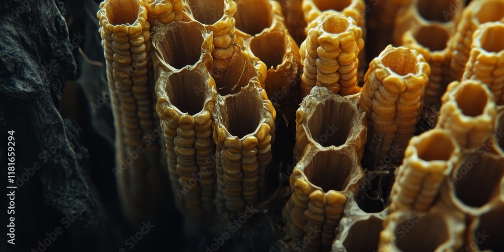 Poster close up of corn set against a dark tree background, featuring corn in sharp detail, ideal for showc