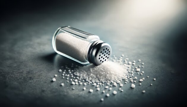 Salt shaker and pile of spilled salt on concrete stone.