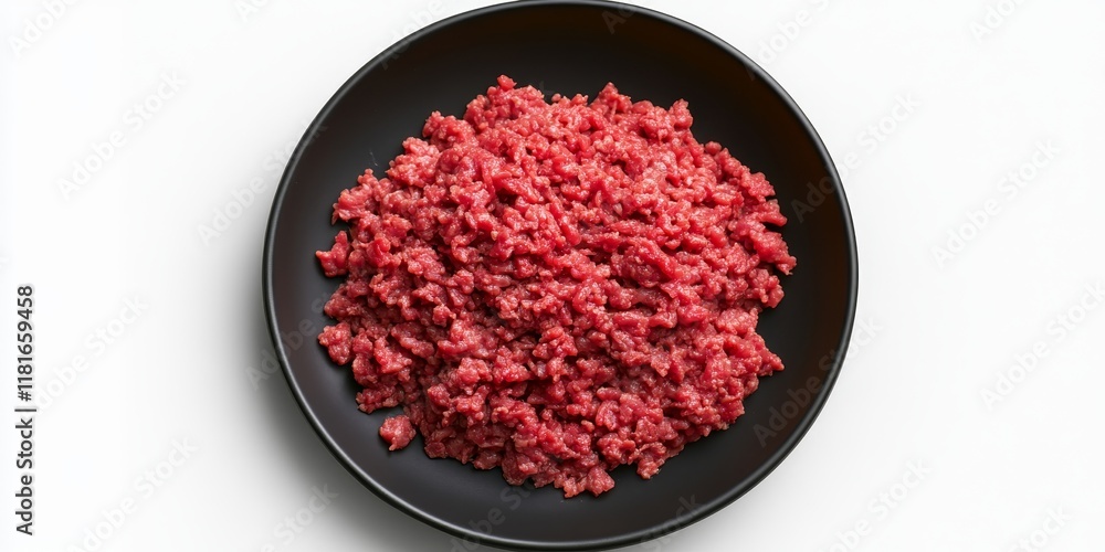 Poster beef mince showcased on a black plate, presented in an isolated setting against a white background. 