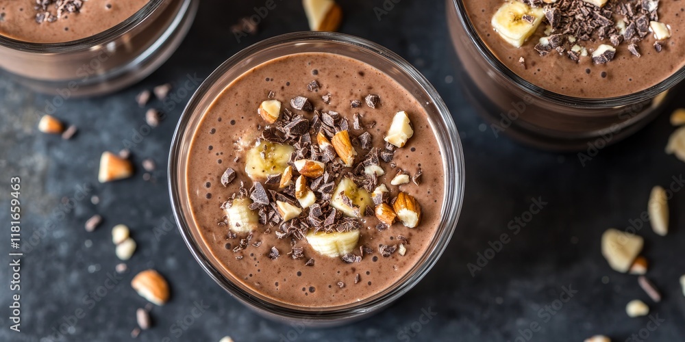 Poster delicious chocolate smoothie blended with ripe banana and crunchy nuts, creating a rich and creamy c