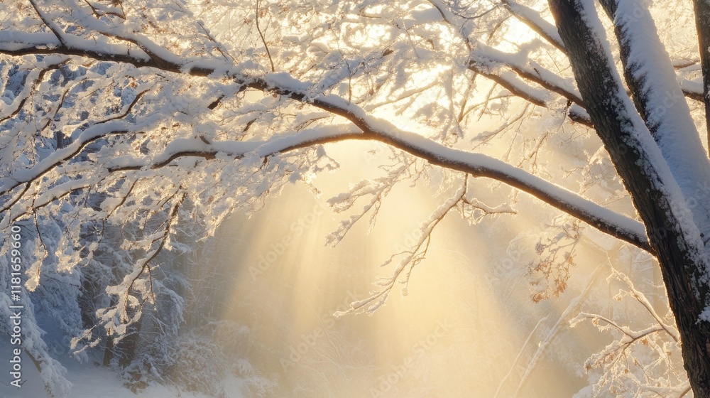 Poster sunlight filters through snow covered tree branches in the peaceful early morning. the enchanting sc
