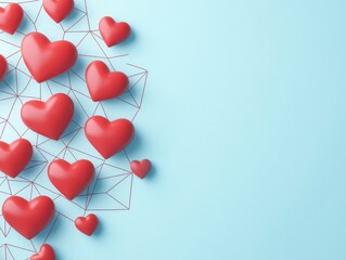 Colorful hearts connected by lines on a blue background create a romantic and playful design.