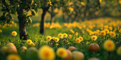 A vibrant apple orchard flourishes in spring, adorned with blooming dandelions. This captivating spring landscape features lush apples and lively dandelions, showcasing nature s beauty.