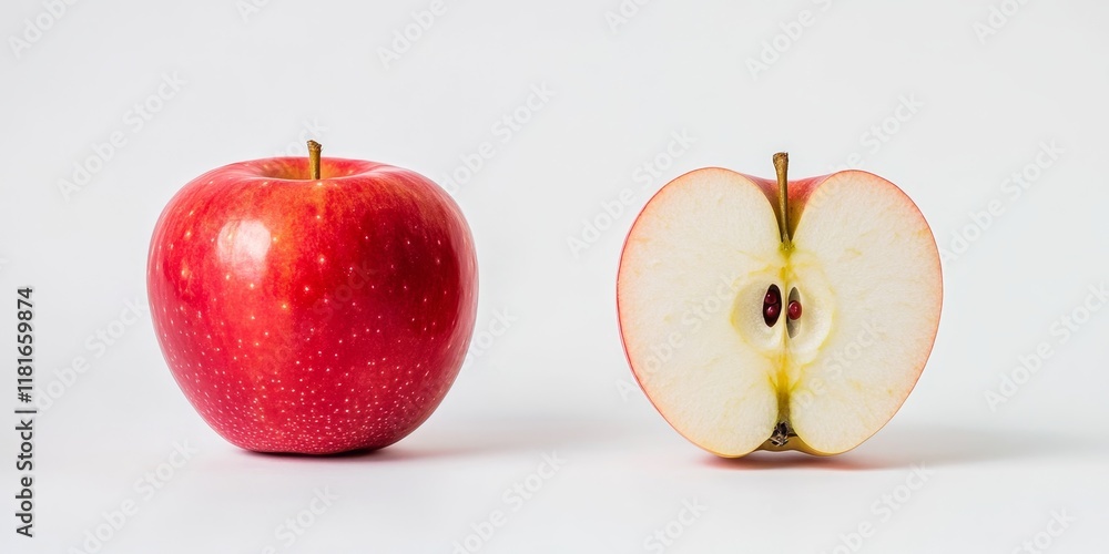 Poster whole apple and a half apple displayed against a white background, showcasing the vibrant colors and