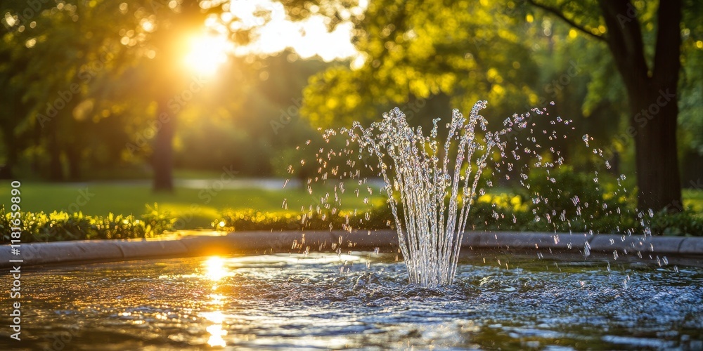 Poster A refreshing stream of water flows from a fountain in a park, perfectly complementing a beautiful summer day, creating a serene atmosphere with its soothing sound and vibrant surroundings.