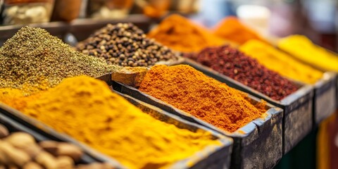 Assorted spices displayed on a vibrant market stall, showcasing a variety of spices that add flavor and aroma to culinary dishes, perfect for those seeking a rich variety of spices.