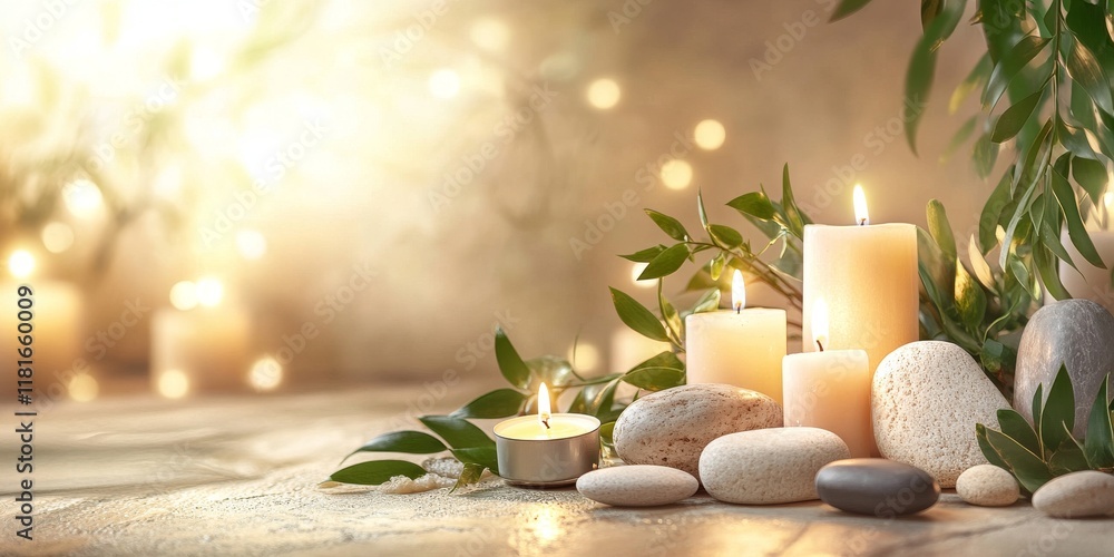 Poster spa arrangement featuring candles, stones, and green leaves displayed on a serene light background, 