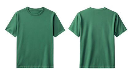 Front and back view of plain solid green color t shirt on an isolated background