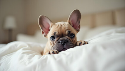 Lindo cachorro de perro bulldog francés en una cama suave