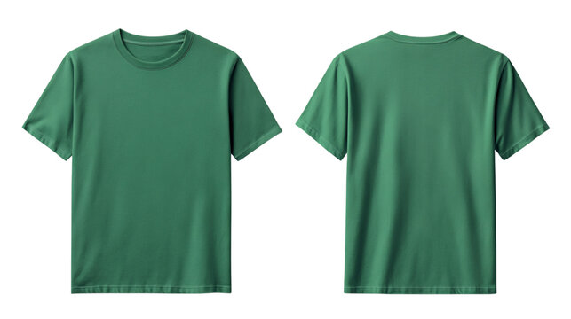 Front and back view of plain solid green color t shirt on an isolated background