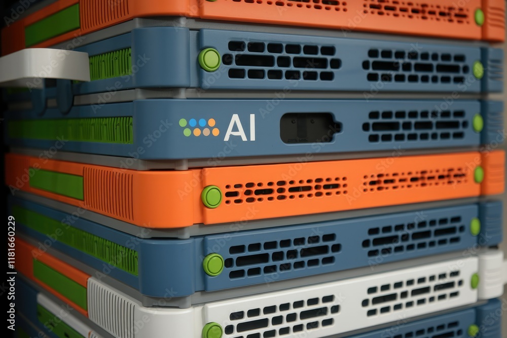 Poster stack of ai hardware units, colorful and modern design, signifying advanced technology.