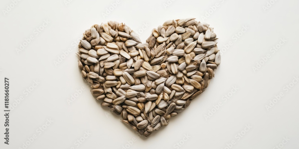 Poster heart of sunflower seeds displayed on a white background, showcasing the unique shapes and textures 