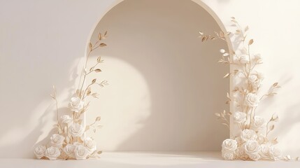 Elegant Beige Archway with Cream Roses and Gold Accents, Minimalist Background.