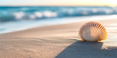 Obraz premium Seashell resting on the sandy shore, showcasing the beauty of nature. This seashell on the beach highlights the tranquility and charm found along the seaside. Seashells bring a sense of peace.