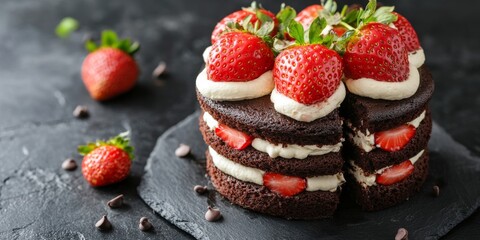 Indulge in delicious chocolate cakes adorned with fresh strawberries. This sweet dessert embodies a delightful good morning concept, showcasing homemade baking with cream and topping on a dark stone