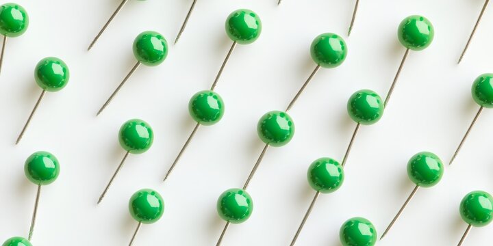 Green pins arranged on a white background create a vibrant contrast. The green pins stand out prominently against the white background, highlighting their unique features in this composition.
