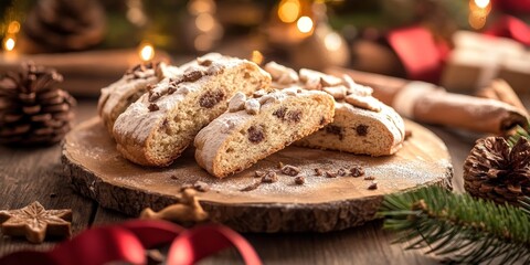 Fototapeta premium Christmas Stollen cookies arranged on a rustic festive backdrop, showcasing the delightful textures of Christmas Stollen cookies with selective focus for a cozy holiday feel.