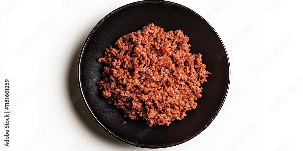 Poster beef mince showcased on a black plate, presented in an isolated setting against a white background. 