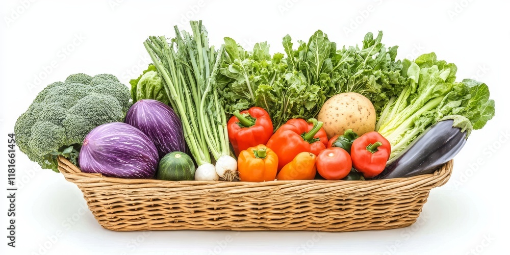 Poster fresh vegetables arranged in a wicker basket set against a white background, showcasing a variety of