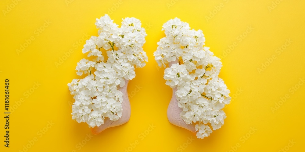 Aufkleber white flowers arranged to resemble human lungs on a vibrant yellow background, creating a unique fla