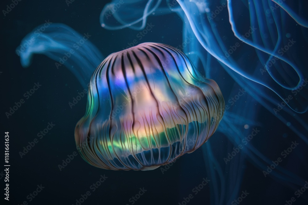 Poster A mesmerizing iridescent jellyfish, gracefully floating in the deep ocean's embrace.