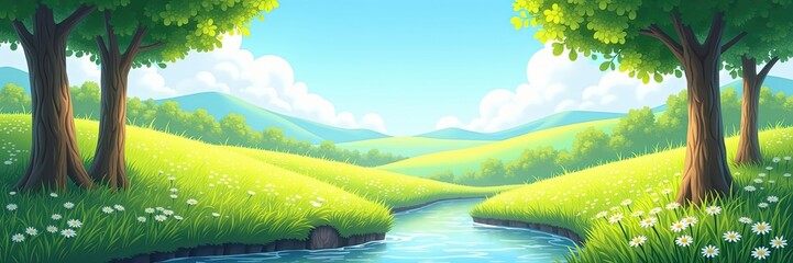 Cartoonish serene landscape with rolling hills and a gentle stream flowing through a grassy meadow with daisies