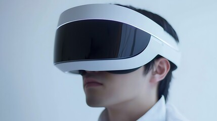Person wearing a futuristic virtual reality headset.