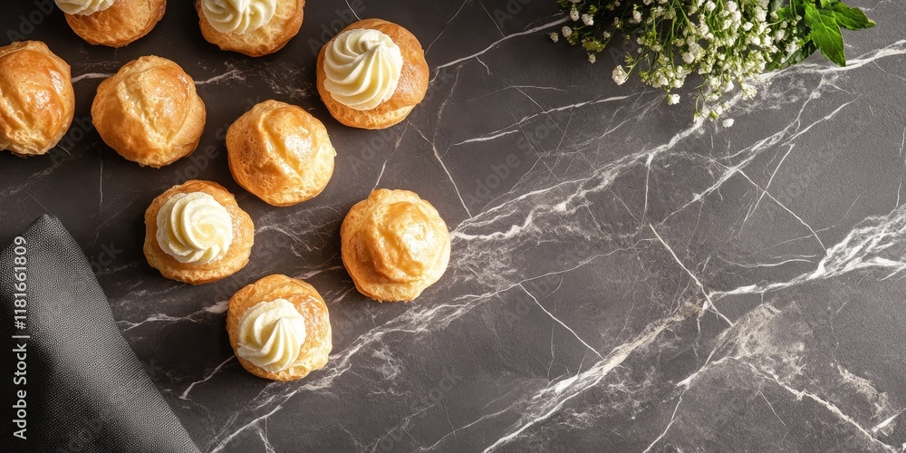 Aufkleber profiteroles arranged on a gray stone tabletop create an appealing presentation, showcasing the deli