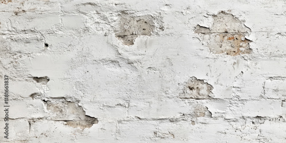 Poster White Rustic Texture showcases a retro whitewashed appearance, featuring an old brick wall surface. This vintage structure highlights a grungy shabby design element with uneven painted plaster, ideal