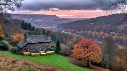 Autumnal Valley View with Stone Cottage and Sunset