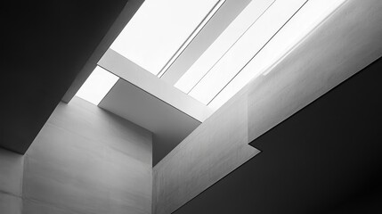 Fototapeta premium A minimalist photo of a modern atrium ceiling with intersecting beams in black and white, creating depth