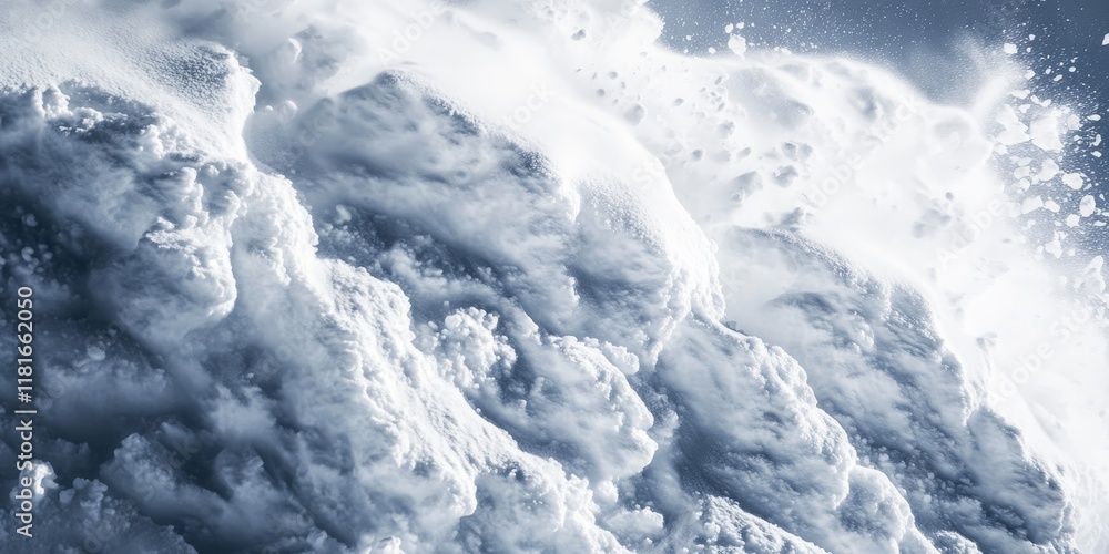 Poster close up view of a large snow lump at the base of an avalanche, showcasing the intricate textures an