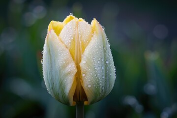 A dewy yellow-green tulip bud, glistening in the morning light, showcasing nature's delicate beauty.