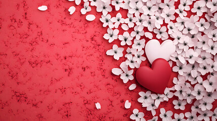 Obraz premium Celebrate love with hearts and blossoms on a red background romantic floral composition expressive design