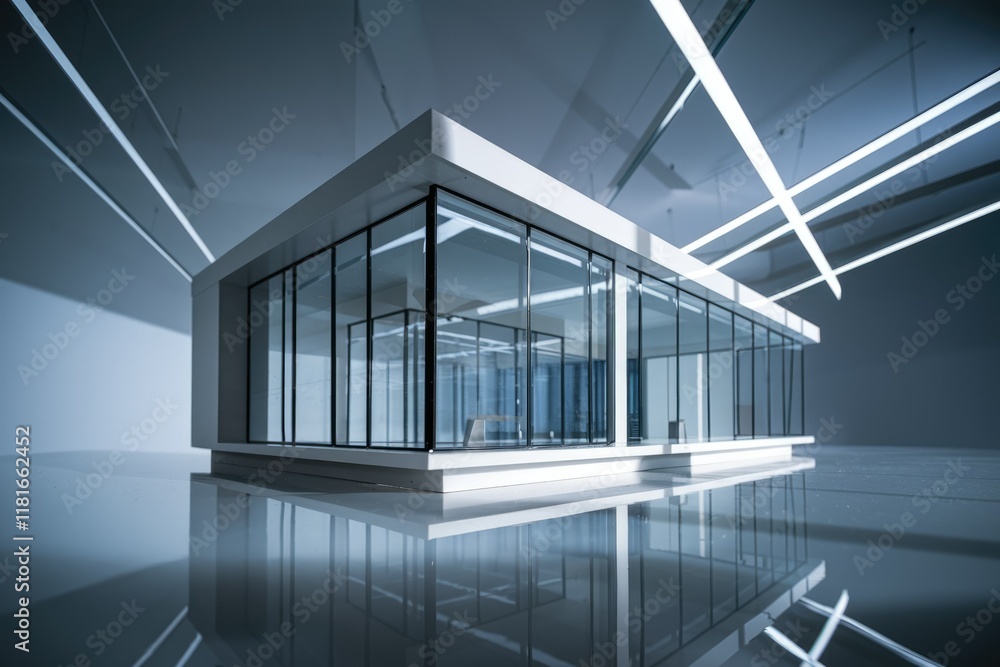 Poster modern architectural model with glass walls, showcasing minimalist design and clean lines.