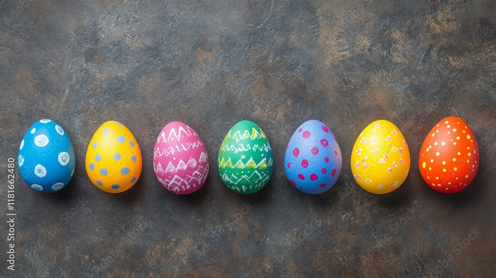 Poster bright and colorful painted eggs for easter are beautifully arranged in a row on a rustic granite ba